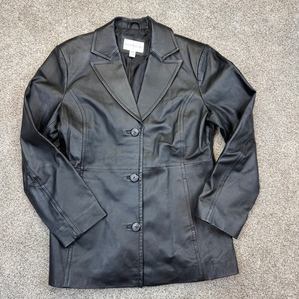 Vtg Worthington Black Leather Blazer Jacket Womens Large Button Genuine Leather